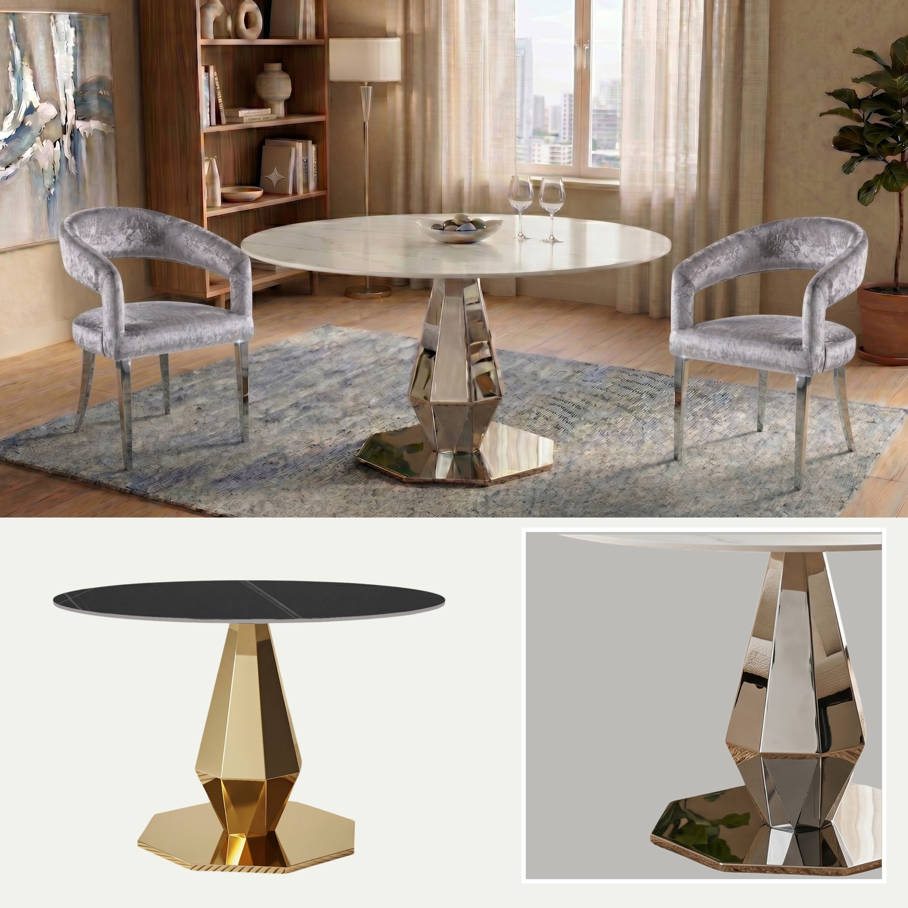 Mesa de Comedor Diamante | Estructura Acero Oro - Cromo