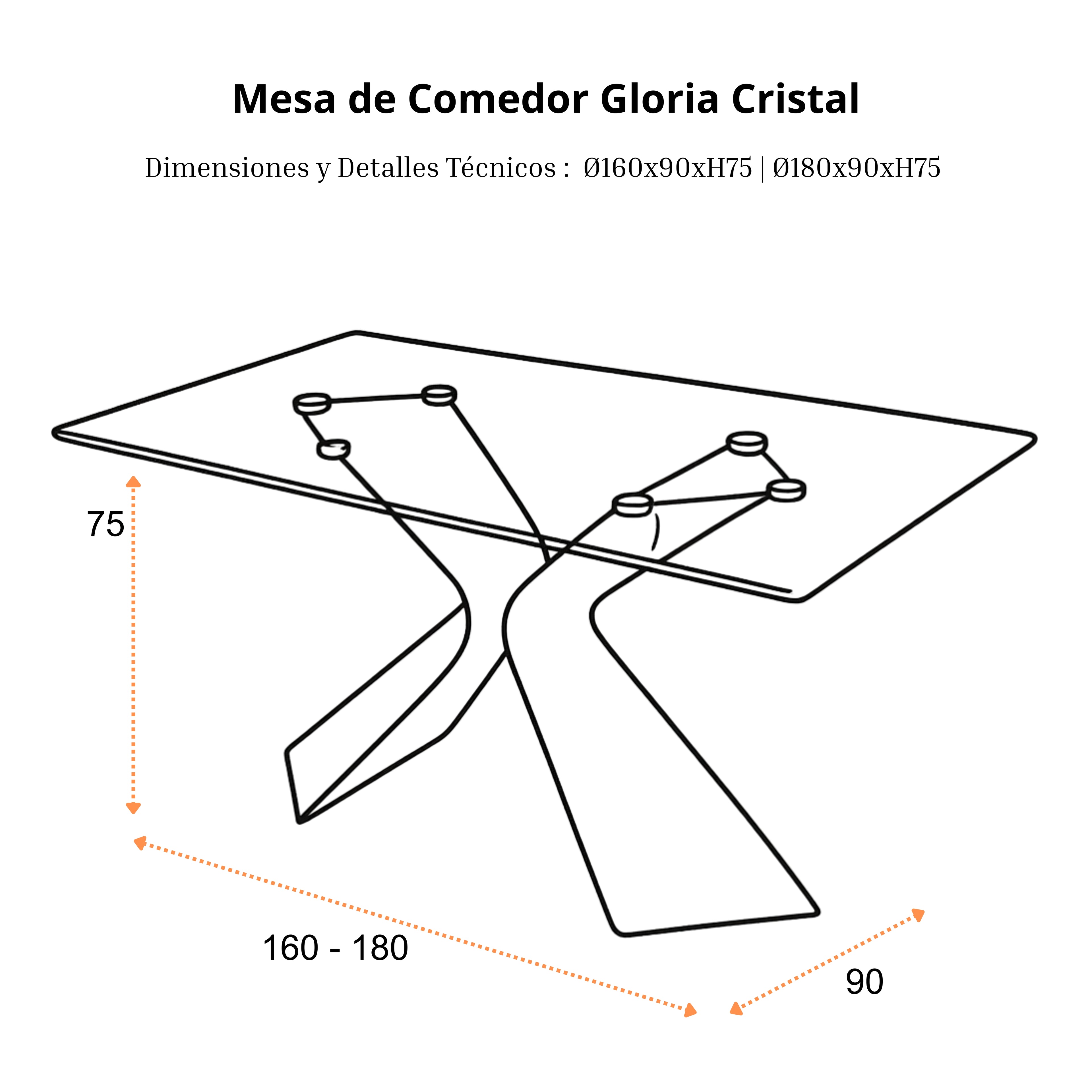 Mesa de Comedor Gloria Cristal | Estructura Negra