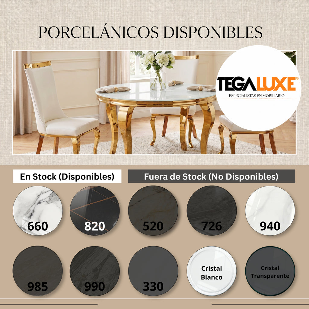 Mesa de Comedor Isabelina Round | Estructura Acero Oro