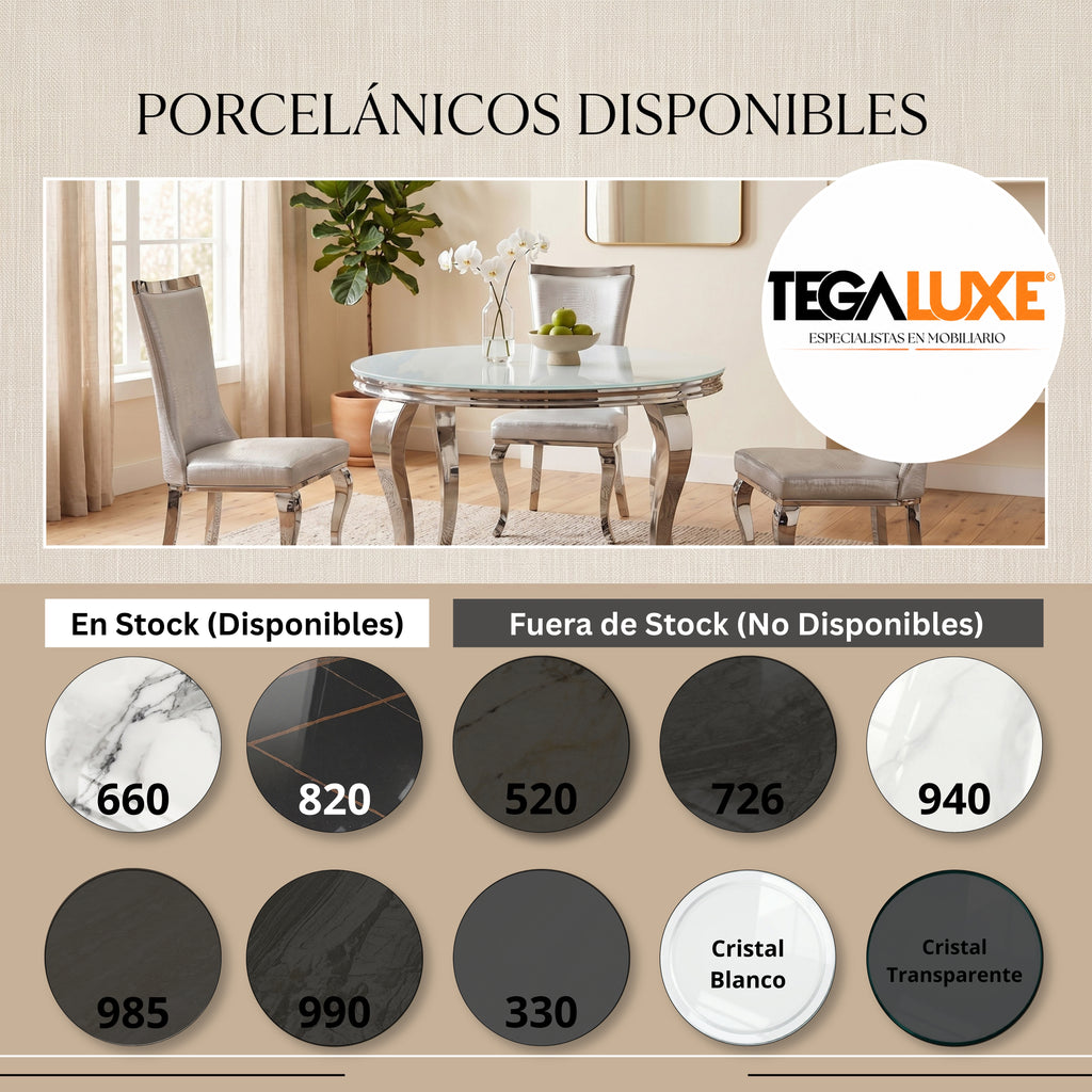 Mesa de Comedor Isabelina Round | Estructura Acero Cromo