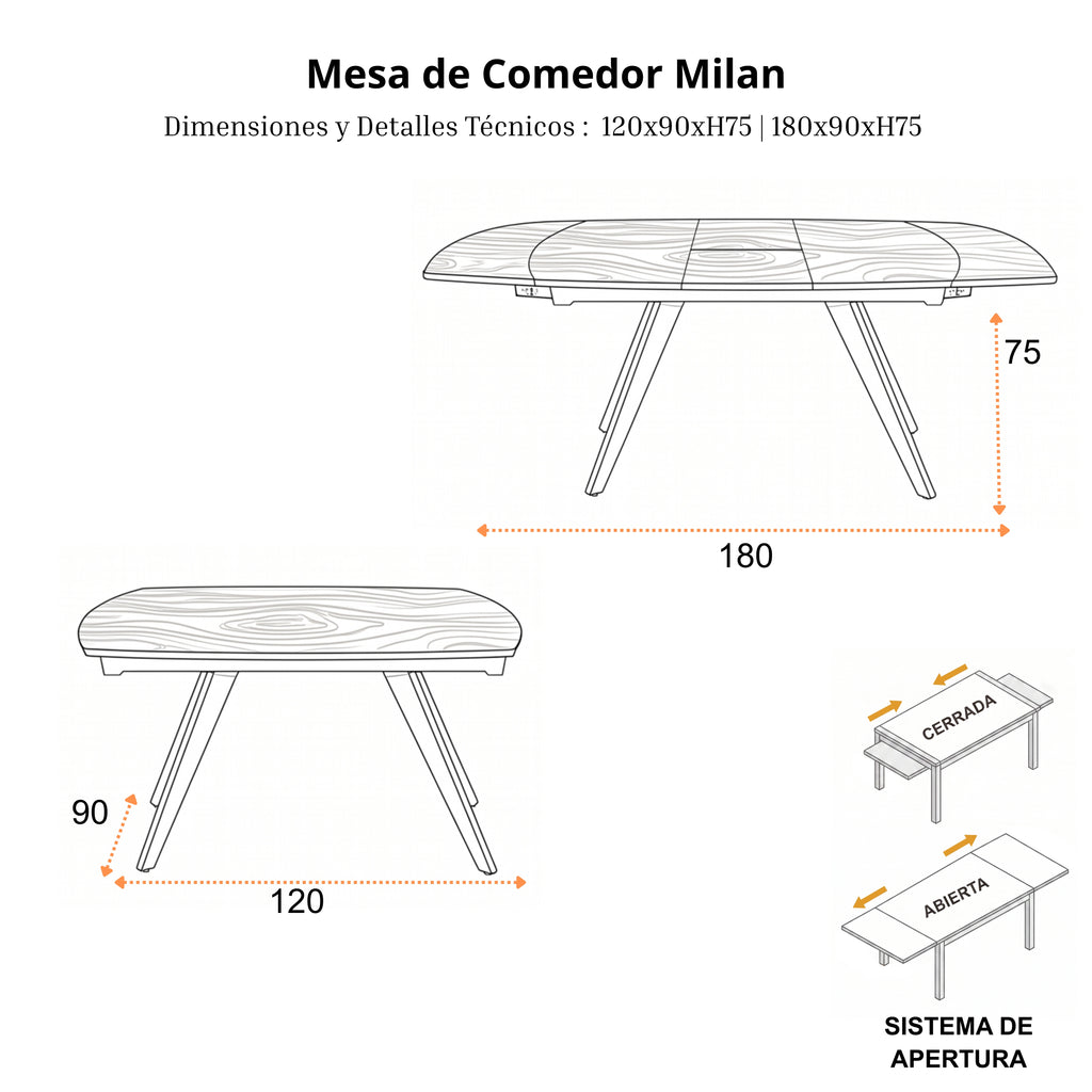 Mesa de Comedor Extensible Milan | Estructura Negra