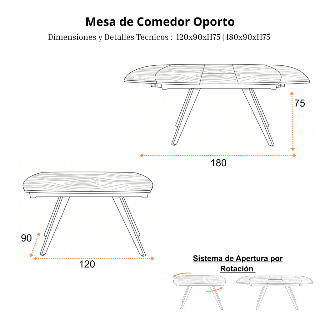 Mesa de Comedor Extensible Oporto | Estructura Negra