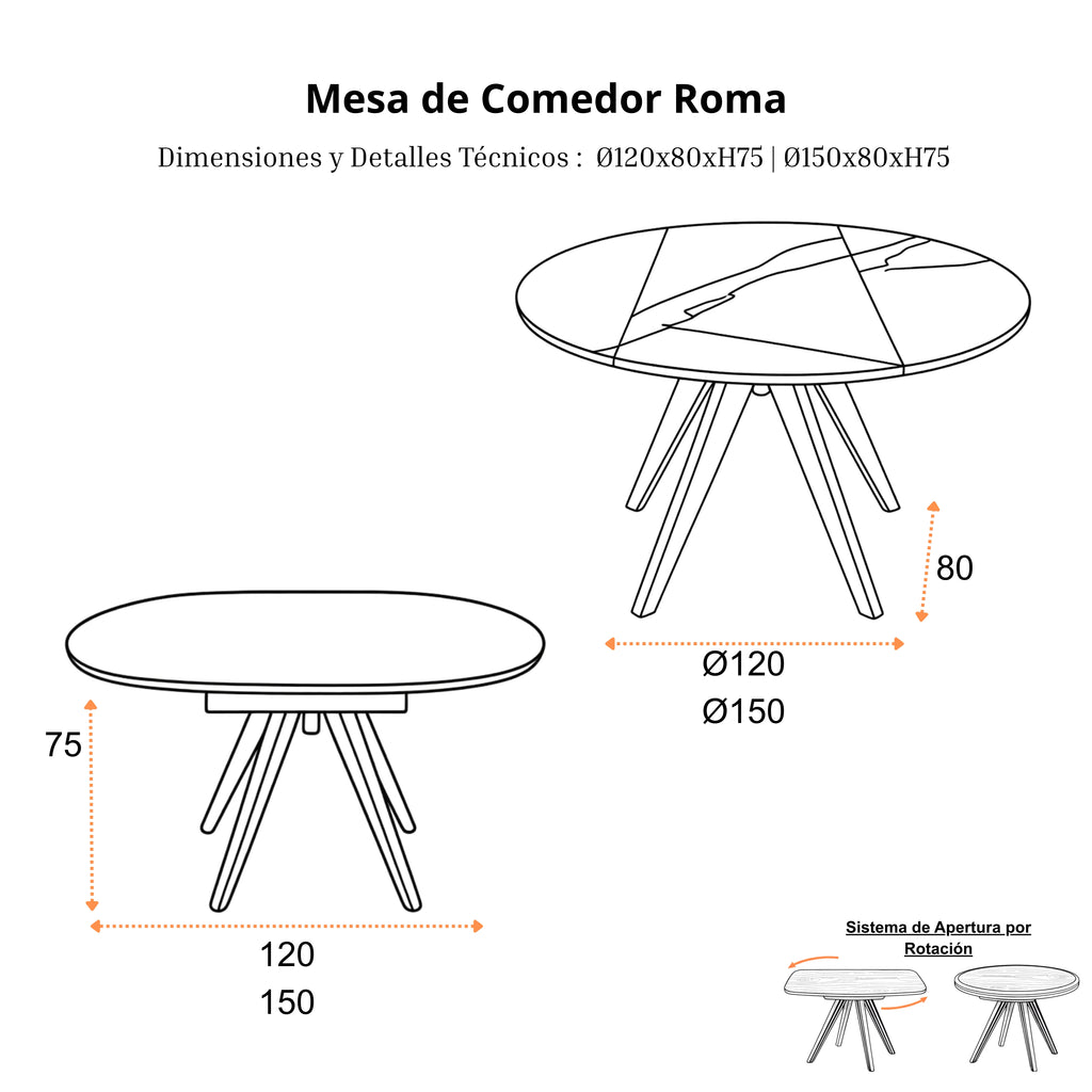 Mesa de Comedor Extensible Roma | Estructura Negra